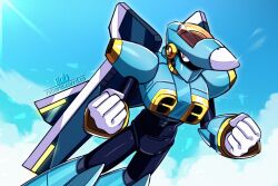  1boy aircraft airplane armor blue_armor clenched_hands clouds flying highres jet_man_(mega_man) looking_to_the_side mega_man_(series) orange_eyes robmk92 robot sky 