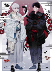  2025 2boys absurdres bead_bracelet beads black_hair black_kimono black_ribbon black_shawl black_shoes black_snake blue_eyes blue_nails blush border bracelet camellia chinese_knot commentary_request egasumi english_text expressionless eye_contact fish flower flower_symbol full_body goldfish gradient_border grey_border grin hair_tie hakama hakama_skirt hands_in_opposite_sleeves haori happy_new_year heart6_6station highres inset_border japanese_clothes jewelry kagurabachi kikumon kimono leaf looking_at_another male_focus multiple_boys obi parted_lips red_eyes red_flower red_ribbon ribbon rokuhira_chihiro sash sazanami_hakuri scar scar_on_cheek scar_on_face shawl shoes short_hair skirt sleeves_past_wrists smile snake sparkle tassel two-sided_fabric two-sided_shawl two-sided_sleeves uroko_(pattern) very_short_hair white_border white_flower white_hair white_haori white_kimono white_shawl white_snake 