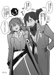  1boy 1girl aseah_(project_moon) coat commentary_request cowboy_shot dodging dress gameplay_mechanics greyscale hair_ribbon hairband hetero high_ponytail highres id_card lapels limbus_company long_hair long_sleeves monochrome nelly_(project_moon) notched_lapels open_mouth ponytail project_moon ribbon smile tama_launcher translation_request 