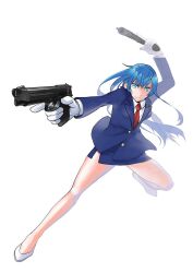  aiming blue_eyes blue_hair blue_jacket blue_skirt double_finger_gun dynamic_pose finger_gun gloves gun hair_down handgun high_heels highres holding holding_gun holding_weapon jacket leona_heidern long_hair necktie pencil_skirt police police_uniform pumps red_necktie sakura_mafumi shoes simple_background skirt the_king_of_fighters weapon white_background white_gloves white_shoes 