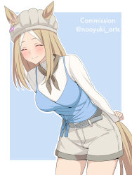  1girl absurdres animal_ears belt blonde_hair blue_tank_top blush breasts closed_eyes closed_mouth commentary_request ears_through_headwear grey_belt grey_shorts hat highres horse_ears horse_girl horse_tail leaning_forward long_sleeves medium_breasts naoyuki_arts narita_top_road_(casual)_(umamusume) narita_top_road_(umamusume) shirt short_hair shorts smile tail tank_top umamusume white_shirt 
