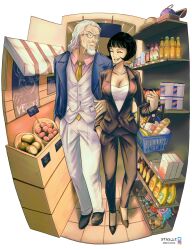  1boy 1girl ^_^ beard black_hair black_pants black_shoes bob_cut closed_eyes commentary facial_hair full_body hair_slicked_back hand_in_pocket highres jewelry locked_arms necklace one_piece pants pearl_necklace pink_shirt shakuyaku_(one_piece) shirt shoes shopping silvers_rayleigh stas_li vest white_hair white_vest yellow_vest 