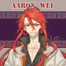  1boy aaron_wei black_shirt character_name collarbone commentary_request double-parted_bangs eiyuu_densetsu floating_hair hair_between_eyes ilphain jacket kuro_no_kiseki_(series) kuro_no_kiseki_i long_hair long_sidelocks looking_at_viewer lowres male_focus parted_lips popped_collar print_jacket red_hair shirt sidelocks smile solo straight-on two-tone_background upper_body white_jacket yellow_eyes 