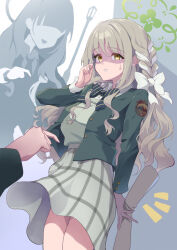  3girls blue_archive bow brown_hair commentary_request green_halo green_jacket hair_bow halo highres jacket long_hair long_sleeves miyo_(blue_archive) multiple_girls nervous_smile nervous_sweating notice_lines pointing pointing_at_object shaded_face skirt smile sweat white_bow wildhunt_art_academy_logo yamada_denki yellow_eyes 