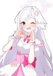  1girl bare_shoulders blue_archive blush bustier commentary corset crescent_wing_ornament detached_sleeves four-finger_heart_hands fuyuka_natsuki halo head_wings heart heart_hands heart_in_heart_hands highres long_hair looking_at_viewer magical_girl multicolored_hair official_alternate_costume one_eye_closed open_mouth pink_corset pink_streaks puffy_short_sleeves puffy_sleeves purple_halo red_eyes short_sleeves simple_background single_head_wing solo streaked_hair suzumi_(blue_archive) suzumi_(magical)_(blue_archive) upper_body very_long_hair white_background white_bustier white_hair white_wings wings wrist_cuffs 