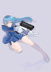  aiming blue_eyes blue_hair blue_jacket blue_skirt commentary_request dynamic_pose gloves gun hair_down handgun high_heels highres holding holding_gun holding_weapon jacket leona_heidern long_hair necktie pencil_skirt police police_uniform pumps red_necktie sakura_mafumi shoes simple_background skirt the_king_of_fighters weapon white_background white_gloves white_shoes 