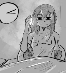  1girl asui_tsuyu boku_no_hero_academia clock commentary danielfs english_commentary greyscale long_hair monochrome sleepy solo under_covers wall_clock 