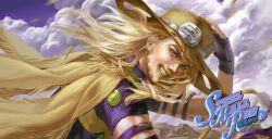 1boy armband ball beard blonde_hair brown_hat cape chinese_commentary clouds commentary_request cowboy_hat facial_hair fingerless_gloves gloves goggles goggles_on_headwear gold_teeth green_eyes green_lips grills grin gyro_zeppeli hand_on_headwear hat highres jojo_no_kimyou_na_bouken logo long_hair looking_at_viewer male_focus nangua_daxian outdoors procreate_(medium) purple_armband purple_gloves purple_shirt shirt short_sleeves sky smile solo steel_ball_run yellow_cape 