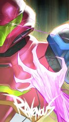  1girl absurdres armor assault_visor battle_damage blue_bodysuit bodysuit broken_glass glass glowing glowing_eye glowing_hand glowing_weapon green_assault_visor highres metroid metroid_ravenous power_armor power_suit_(metroid) samus_aran sheep_shin solo title weapon 