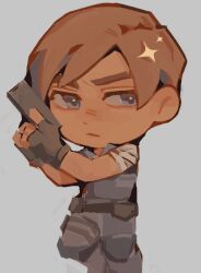  1boy bandaged_arm bandages belt black_gloves blonde_hair blue_eyes blue_shirt deformed fingerless_gloves gloves gun handgun holding holding_gun holding_weapon knee_pads knee_up leon_s._kennedy looking_to_the_side male_focus noiraph resident_evil resident_evil_2 resident_evil_2_(remake) serious shirt short_hair solo weapon 