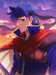  1boy armor bangs black_headband blue_eyes blue_hair cape closed_mouth commentary evening fire_emblem fire_emblem:_path_of_radiance headband highres ike_(fire_emblem) looking_at_viewer male_focus outdoors red_cape sephikowa sky solo twitter_username upper_body 