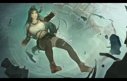  1girl absurdres black_hair breasts commentary english_commentary falling final_fantasy final_fantasy_vii fingerless_gloves gloves h.an_(516635864) highres long_hair red_hair skirt solo suspender_skirt suspenders tank_top tifa_lockhart water white_tank_top 
