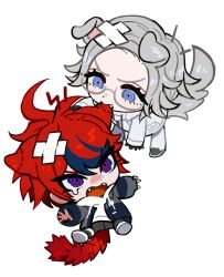  2boys angry animal_ears antenna_hair aotsuki_eito arms_up bandage_on_hair biting biting_ear blue_hair cat_boy cat_ears cat_tail chibi chibi_only coat commentary_request dog_boy dog_ears dog_tail dot_nose eyelashes fangs fug_uai glasses grey_hair grey_pants grey_shoes jacket long_sleeves male_focus multicolored_eyes multicolored_hair multicolored_jacket multiple_boys open_clothes open_jacket pants parted_hair red_hair ringed_eyes shoes simple_background streaked_hair sumino_takumi tail tears the_hundred_line_-last_defense_academy- two-tone_jacket v-shaped_eyebrows white_background white_coat white_pants 