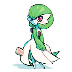  1girl arms_behind_back artist_name back blush blush_stickers bob_cut colored_skin commentary deformed from_behind full_body gardevoir green_hair green_skin highres looking_at_viewer looking_back multicolored_skin no_feet own_hands_together pokemon pokemon_(creature) red_eyes short_hair simple_background solo standing sunsnak_sn tag two-tone_skin v_arms watermark white_background white_skin 