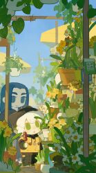  2boys beanie blue_eyes blue_hair chibi closed_mouth flower flower_pot flower_shop food food_on_face green_eyes hat highres hood hoodie long_sleeves looking_at_another luo_xiaohei luo_xiaohei_(human) male_focus multiple_boys open_mouth plant potted_plant qr_code shop smile tanghulu the_legend_of_luo_xiaohei turtleneck white_flower white_hair wuxian_(the_legend_of_luo_xiaohei) yellow_flower 