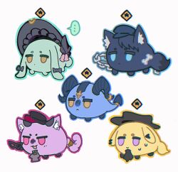  ... absurdres animalization arknights bang_dream! bang_dream!_it's_mygo!!!!! black_bonnet black_bow black_hat black_necktie blue_eyes bonnet bow chain commentary_request dragon_bean_(arknights) gameplay_mechanics hat headpiece highres mask masquerade_mask misumi_uika misumi_uika_(caged_singer) ne2op necktie speech_bubble togawa_sakiko togawa_sakiko_(master_of_melodia) violet_eyes wakaba_mutsumi wakaba_mutsumi_(marionette's_id) white_background yahata_umiri yahata_umiri_(moonlight_executioner) yellow_eyes yuutenji_nyamu yuutenji_nyamu_(magician_of_passion) 