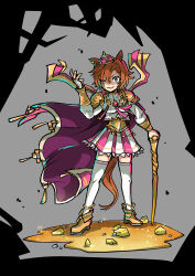  1girl absurdres animal_ears armor armored_corset cape commentary_request crown evil_smile faux_figurine highres holding holding_staff horse_ears horse_girl horse_tail looking_at_viewer morinokino1 orange_hair pink_cape pink_skirt shirt short_hair shoulder_armor skirt smile solo staff t.m._opera_o_(umamusume) tail umamusume violet_eyes white_shirt zettai_ryouiki 