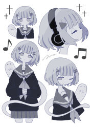  1girl absurdres artist_name beamed_eighth_notes black_sweater bob_cut closed_eyes closed_mouth commentary cropped_head cropped_legs cropped_torso dot_mouth eighth_note ghost grey_eyes grey_hair grey_neckerchief grey_sailor_collar grey_skirt hair_ornament hairclip head_tilt headphones highres interlocked_fingers long_sleeves looking_at_viewer miniskirt multiple_views musical_note neckerchief no_mouth omochi_noa one_eye_closed original own_hands_together parallel_hairclips pleated_skirt sailor_collar school_uniform serafuku short_hair signature simple_background skirt sleeves_past_wrists sweater symbol-shaped_pupils triangle_hair_ornament untranslatable_commentary white_background x-shaped_pupils 