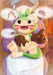  amanokawa_hiro ball barefoot body_fur brown_gloves chibikemo commentary cottoncollie digimon digimon_(creature) digimon_ghost_game dress english_commentary facial_mark fireworks gammamon gloves green_fur grey_hair higashimitarai_kiyoshiro highres koemon monkey old old_woman open_mouth pointing shaded_face shorts sitting sitting_on_person smile speech_bubble tail talking temari_ball tsukiyono_ruli 