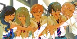  1other 2boys 2girls akiyama_mizuki aoyagi_touya black_hair blonde_streaks blue_hair blurry blurry_background blush bow bowtie closed_eyes collared_shirt commentary_request corrupted_twitter_file crossed_bangs diagonal-striped_bow diagonal-striped_bowtie diagonal-striped_clothes diagonal-striped_necktie gradient_hair green_eyes green_hair grey_eyes grin hair_between_eyes hair_flaps hair_ornament hair_ribbon hand_up highres indoors kamiyama_high_school_uniform_(project_sekai) kusanagi_nene long_hair low-tied_sidelocks multicolored_hair multiple_boys multiple_girls necktie open_mouth orange_hair pink_hair project_sekai ribbon school school_uniform shinonome_akito shiraishi_an shirt shirt_tucked_in short_hair short_sleeves side_ponytail sidelighting sidelocks smile split-color_hair star_(symbol) star_hair_ornament streaked_hair striped_bow striped_bowtie striped_clothes striped_necktie striped_ribbon twitter_username two-tone_hair upper_body v violet_eyes white_shirt wl7_vmp 