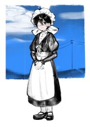  1boy absurdres antenna_hair black_eyes black_hair black_shoes bright_pupils closed_mouth commentary crossdressing crossdressing_(mtf) double-parted_bangs english_commentary enmaided eyepatch full_body hair_between_eyes highres long_sleeves looking_at_viewer maid maid_headdress male_focus male_maid medical_eyepatch omori power_lines psychokokuon shoes short_hair socks solo spoilers sunny_(omori) white_pupils white_socks 