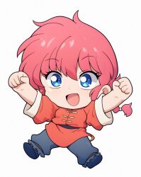  1girl black_pants blue_eyes braid braided_ponytail chibi chinese_clothes clenched_hands commentary_request full_body highres jumping long_hair low_ponytail odochi_(1or8) pants ponytail ranma_1/2 red_hair red_shirt saotome_ranma saotome_ranma_(female) shirt simple_background solo tangzhuang white_background 