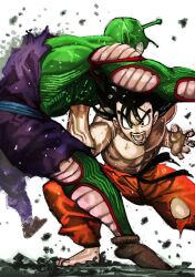  2boys antennae artist_request bald barefoot belt black_belt black_hair bloodshot_eyes colored_skin commentary dragon_ball dragon_ball_(classic) fighting_stance green_skin highres male_focus multiple_boys muscular muscular_male namekian no_eyebrows orange_dougi pants piccolo punching shirt short_hair spiky_hair stomach_punch torn_clothes torn_pants torn_shirt untranslatable_commentary veins veiny_arms veiny_hands 