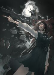  1girl absurdres aiming belt black_hair chainsaw_man commentary cross_scar debris dress finger_gun floating_hair fourth_east_high_school_uniform from_below highres light_rays long_sleeves neck_ribbon nib1ruuu perspective pinafore_dress pleated_skirt pointing ribbon scar scar_on_cheek scar_on_face scar_on_nose school_uniform shirt skirt sleeveless sleeveless_dress standing statue_of_liberty sunbeam sunlight suspender_skirt suspenders weapon white_shirt yoru_(chainsaw_man) 