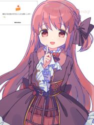  1girl absurdres ascot black_dress bow bowtie braid brown_eyes brown_hair commentary corset cowboy_shot dress english_text finger_to_cheek frilled_dress frills gold_trim highres index_finger_raised long_hair looking_at_viewer magia_record:_mahou_shoujo_madoka_magica_gaiden magical_girl mahou_shoujo_madoka_magica mixed-language_text one_side_up open_mouth red_bow red_bowtie red_corset ruru_(rurumagi) satomi_touka simple_background smile solo translation_request twitter_username very_long_hair watermark wavebox white_ascot white_background 