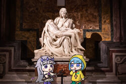  2girls bing_huyue blue_eyes blue_hair blush_stickers chest_jewel chibi commentary cross english_commentary gem gem_hair_ornament green_shoes hair_flaps highres holding holding_staff hololive hololive_english jesus koseki_bijou long_hair luce_(drawfee) luce_(jubilee_2025) marble_(stone) marble_sculpture multiple_girls open_mouth pebble_(koseki_bijou) pieta purple_gem purple_hair raincoat real_world_location rosary shoes short_hair st._peter's_basilica staff statue stick tiara vatican very_long_hair virgin_mary virtual_youtuber 