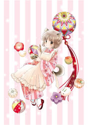  1girl animal_ears apron bird bowl braid brown_eyes brown_hair cat_ears cat_girl cat_tail closed_mouth commentary_request floral_print floral_print_kimono food frilled_apron frills fruit full_body holding holding_bowl holding_spoon invisible_chair japanese_clothes kamiya_kaori kimono original pink_kimono print_kimono red_sandals sandals short_hair sitting snow_rabbit socks solo spoon striped_background striped_clothes striped_kimono tabi tail tassel vertical-striped_background white_apron white_socks 