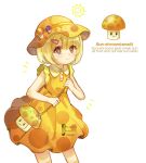  1girl bangs blonde_hair closed_mouth cowboy_shot dress facebook_logo flat_chest hair_ornament hairclip happy highres instagram_logo instagram_username looking_at_viewer mushroom plants_vs_zombies rulacloi short_hair smile twitter_username white_background yellow_dress 