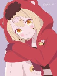  1girl absurdres bee_ornament blonde_hair blush closed_mouth commentary_request grey_background hair_ornament highres holding hood hoodie hugging_own_legs looking_at_viewer magical_girl mahou_shoujo_ikusei_keikaku mahou_shoujo_ikusei_keikaku_f2p orange_eyes red_hoodie short_hair sitting smile spinon teepa 