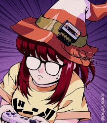  1girl breasts cassette_tape commentary controller donna_(jose_salot) emphasis_lines film_grain frown game_controller glasses hat holding holding_controller holding_game_controller jose_salot medium_breasts opaque_glasses orange_hair original playing_games playing_video_games red_hair shirt solo super_nintendo_controller sweatdrop twitter_username upper_body witch_hat yellow_shirt 