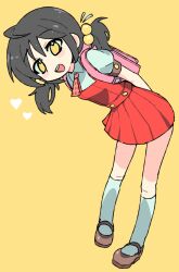  1girl ascot backpack bag black_hair brown_shoes commentary dress hair_bobbles hair_ornament heart highres kaai_yuki kyoufuu_all_back_(vocaloid) looking_at_viewer low_twintails open_mouth pinafore_dress randoseru red_ascot red_bag red_dress shirt shoes short_hair short_sleeves short_twintails simple_background sleeveless sleeveless_dress socks solo teeth tsunderemaids twintails upper_teeth_only vocaloid white_shirt white_socks yellow_background yellow_eyes 