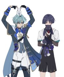  2boys absurdres animal animal_on_head aqua_hair armor arms_up belt belt_collar bishounen black_belt black_boots black_bridal_gauntlets black_cape black_cat black_collar black_eyes black_gloves black_hair black_jacket black_shorts black_sleeves blue_cape blue_shirt blue_sleeves blue_trim blunt_ends boots bridal_gauntlets cape cat chest_belt closed_mouth clothing_cutout collar collared_jacket corset cowboy_shot didin_ed eyelashes eyeliner genshin_impact gloves hair_intakes hakama hakama_shorts high-waist_pants highres hip_vent holding holding_animal holding_cat jacket japanese_armor japanese_clothes kimono kote kurokote layered_sleeves lohen_(genshin_impact) long_sleeves looking_at_viewer makeup middle_ring mole mole_under_eye multiple_boys on_head open_clothes open_jacket pants pleated_shorts purple_rope purple_sash red_eyeliner red_pupils rope sash scaramouche_(genshin_impact) shirt short_sleeves shorts shoulder_peek smile swept_bangs tassel thigh_boots thigh_strap tsurime two-sided_cape two-sided_fabric undershirt violet_eyes wanderer_(genshin_impact) white_background white_corset white_kimono white_pants white_rabbit_(animal) white_sleeves wing_collar wispy_bangs 