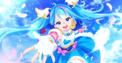  1girl artist_name blue_cape blue_dress blue_eyes blue_hair blue_sky bow brooch cape clouds cloudy_sky commentary cure_sky cut_bangs detached_sleeves dress dress_bow earclip earrings feathers fingerless_gloves foreshortening frilled_dress frills from_above gloves gradient_hair hair_ornament highres hirogaru_sky!_precure jewelry kyanos_(b_0000ff) light_particles long_hair looking_at_viewer magical_girl medium_dress multicolored_hair open_mouth outdoors pink_bow pink_hair precure puffy_detached_sleeves puffy_sleeves reaching reaching_towards_viewer red_cape signature single_earring single_sidelock sky sleeveless sleeveless_dress smile solo sora_harewataru sparkle standing streaked_hair sunlight twintails two-sided_cape two-sided_fabric two-tone_dress two-tone_hair very_long_hair watermark white_dress white_feathers white_gloves wing_brooch wing_hair_ornament 