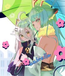  2girls antlers back backless_dress backless_outfit cube dress green_eyes green_hair grey_hair hair_between_eyes haruka_karibu henya_the_genius henya_the_genius_(1st_costume) highres horns long_bangs long_hair looking_at_viewer mochimochi_589 multiple_girls purple_dress reindeer_antlers reindeer_girl smile umbrella virtual_youtuber vshojo yellow_eyes 