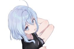  1girl absurdres ahoge bare_legs bird's_eye_view black_shirt blue_eyes blue_hair blush ciel_(kamitsubaki_studio) commentary_request daisi_gi dolphin_shorts double-parted_bangs drawstring from_above grey_shorts hair_between_eyes hair_intakes highres kamitsubaki_studio looking_at_viewer looking_up loungewear medium_hair open_mouth raised_eyebrows shirt short_shorts shorts simple_background sitting solo turning_head virtual_youtuber white_background yokozuwari 