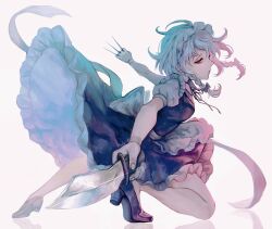  1girl apron back_bow between_fingers blue_bow blue_dress blue_shoes bow braid braided_sidelocks closed_mouth commentary_request dress dynamic_pose frilled_dress frills full_body hair_bow high_heels highres holding holding_knife izayoi_sakuya knife knives_between_fingers kyogoku-uru long_hair looking_at_viewer maid maid_headdress neck_ribbon pinafore_dress red_eyes ribbon shirt shoes sidelocks simple_background sleeveless sleeveless_dress solo touhou twin_braids waist_apron white_apron white_background white_bow white_hair white_shirt 