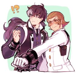  !? 2boys ace_attorney ayataka_(tmtayata) black_hair black_jacket black_necktie bobby_fulbright brown_hair commentary_request frown gloves jacket male_focus multiple_boys necktie outstretched_arm phoenix_wright:_ace_attorney_-_dual_destinies ponytail shared_handcuffs simon_blackquill white_gloves white_jacket 