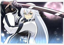  1girl black_gloves blue_eyes breasts cape collared_cape eiyuu_densetsu fingerless_gloves gloves highres holding holding_sword holding_weapon ihsnet kai_no_kiseki kuro_no_kiseki_(series) long_hair long_sleeves looking_at_viewer medium_breasts moon shizuna_rem_misurugi smile solo sword upper_body watermark weapon white_cape white_hair 