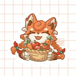  1girl animal_nose apple artist_name basket braid carrot closed_eyes food fruit furry furry_female grid_background highres holding holding_basket long_hair open_mouth orange_hair percyscart petit_planet red_panda_ears red_panda_girl tomato twin_braids upper_body white_background yunguo_(petit_planet) 