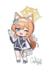  1girl :d ;d absurdres animal_ear_fluff animal_ears bag blue_archive blue_eyes blush bottle brown_hair cat_ears chibi commentary_request flower full_body grey_jacket grey_shoes grey_shorts gym_shorts hair_flower hair_ornament hairband halo highres holding holding_bottle jacket long_hair mari_(blue_archive) mari_(track)_(blue_archive) one_eye_closed shoes shorts shoulder_bag shuni_valentine signature simple_background smile socks solo standing sweat track_jacket very_long_hair water_bottle white_background white_flower white_hairband white_socks 