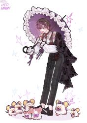  1boy 2025 arm_cutout artist_name ascot beret black_cape black_hat black_pants black_shoes brooch cape character_name clothing_cutout commentary_request cone_horns dated earrings fake_horns floral_print full_body gloves grey_horns hat heart heart_necklace highres holding holding_umbrella horns jewelry korean_commentary lace-trimmed_cape leaning_forward long_legs long_sleeves looking_at_animal looking_down male_focus mole mole_under_eye mouse_(animal) multicolored_hair multiple_thigh_straps necklace no_socks oto_rainy pants parasol parted_bangs plaid_clothes plaid_pants ppizza_0000 print_cape purple_hair purple_ribbon ribbon shirt shoelaces shoes short_hair side_cape simple_background skoshism sleeve_ribbon small_horns smile streaked_hair teardrop_earrings teeth thigh_strap toes_up umbrella upper_teeth_only utaite very_short_hair white_ascot white_background white_gloves white_shirt 