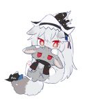  :&lt; animal animalization arknights bangs biting black_headwear closed_mouth commentary_request grey_hair hair_between_eyes hat jitome long_hair red_eyes simple_background skadi_(arknights) specter_(arknights) very_long_hair white_background zhu_mianzi 