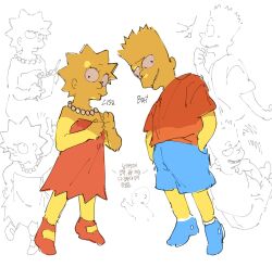  1boy 1girl art_study bart_simpson blonde_hair blue_shoes blue_shorts brother_and_sister colored_skin doxn123 dress eyelashes hand_on_own_chest hands_in_pockets head_tilt highres jewelry korean_commentary lisa_simpson looking_at_viewer matt_groening_(style) multiple_expressions multiple_views necklace pearl_necklace red_dress red_sandals red_shirt sandals shirt shoes short_sleeves shorts siblings sneakers spiky_hair strapless strapless_dress t-shirt the_simpsons tube_dress yellow_skin 