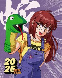  1girl 2025 arm_behind_back blue_overalls breasts brown_eyes character_pin chinese_zodiac commentary donna_(jose_salot) ekans emphasis_lines english_commentary glasses hand_puppet jose_salot large_breasts new_year original overalls pokemon puppet red_hair solo tongue tongue_out twitter_username upper_body v-shaped_eyebrows watermark watermark_grid year_of_the_snake 