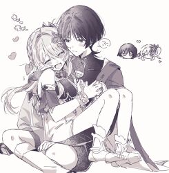  1boy 1girl anklet armlet asymmetrical_sidelocks bishounen blunt_ends blush bodysuit bracelet braid closed_eyes closed_mouth commentary_request couple covered_collarbone detached_sleeves disembodied_head dress facing_viewer fingernails furisode gem genshin_impact hair_intakes hair_ornament half_crown_braid hand_on_another's_chest hand_on_another's_face happy heart hetero highres indian_style japanese_clothes jewelry jitome kimono leaf leaf_hair_ornament leg_warmers looking_at_another looking_at_viewer nahida_(genshin_impact) onigiri_po_0205 open_hand open_mouth sandals scaramouche_(genshin_impact) sepia short_dress shorts shoulder_peek side_cape sidelocks sitting sitting_between_legs smile split_mouth stirrup_footwear toeless_legwear toes translation_request tsurime turtleneck turtleneck_bodysuit vision_(genshin_impact) wanderer_(genshin_impact) wispy_bangs wolf_cut zouri 
