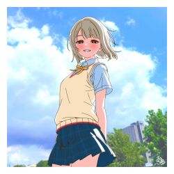 1girl absurdres black_eyes blonde_hair blue_sky blurry blurry_background blush bob_cut border bow bowtie bright_pupils building character_request clouds cloudy_sky collar collared_shirt commentary cowboy_shot from_below grin half-closed_eyes highres looking_at_viewer love_live! otonokizaka_school_uniform outdoors pleated_skirt school_uniform shirt short_hair short_sleeves signature skirt sky smile solo sweater_vest teeth untranslatable_commentary uyu1023 white_border white_pupils white_shirt yellow_bow yellow_bowtie yellow_sweater_vest 